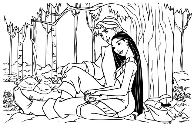 Desenho de Pocahontas e John Rolfe para colorir