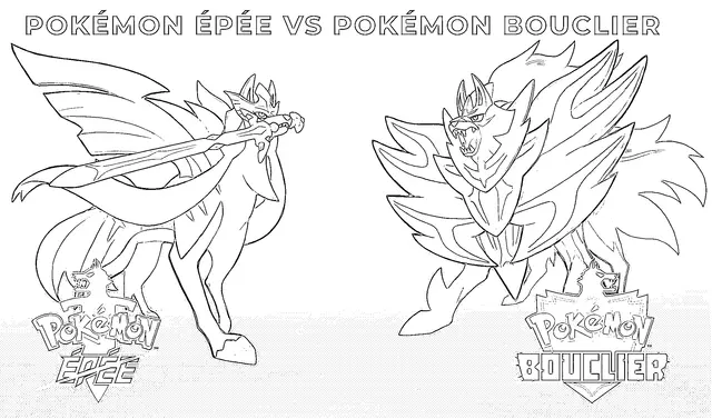 Coloriage Pokémon Épée face à Pokémon Bouclier - Pokémon à imprimer