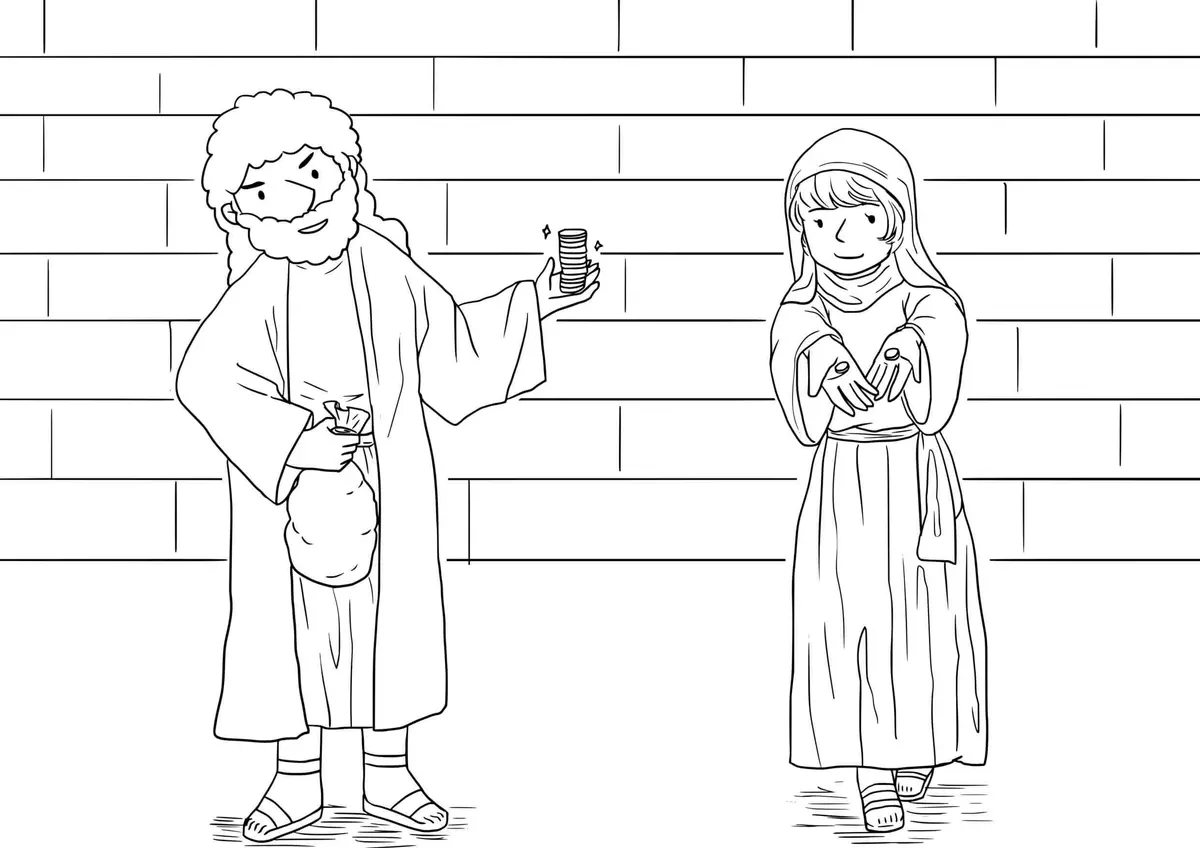 A Lesson in Generosity at the Ancient Temple coloring page to print