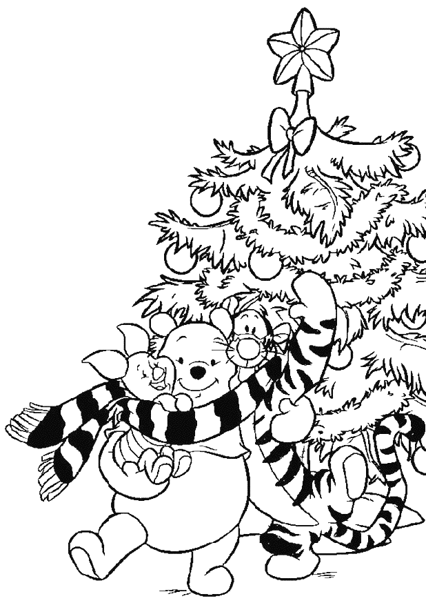 Coloriage Winnie Tigrou Et Porcinet Devant Le Sapin De Noël - Sapin Noël à imprimer