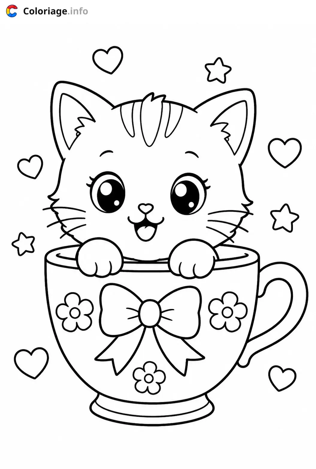 Coloriage Adorable Chaton mignon dans une tasse - Chaton mignon à imprimer