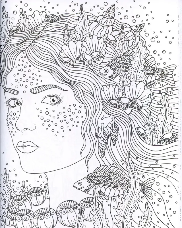 Coloriage Adulte Complexe Femme Ocean Poisson - Adulte à imprimer