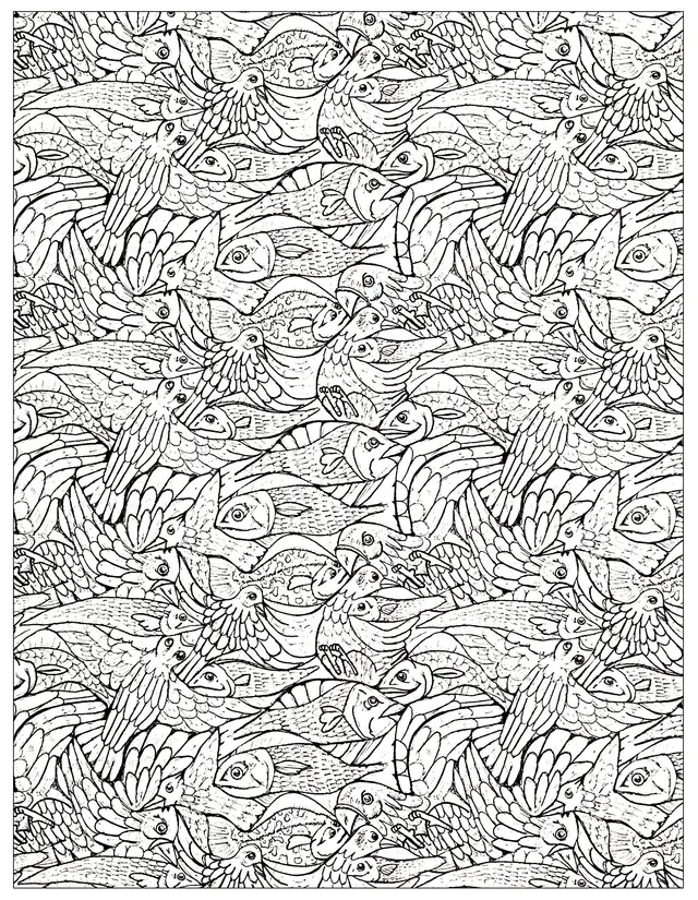 Coloriage Poissons et oiseaux dans l'eau stylisée - Poisson à imprimer