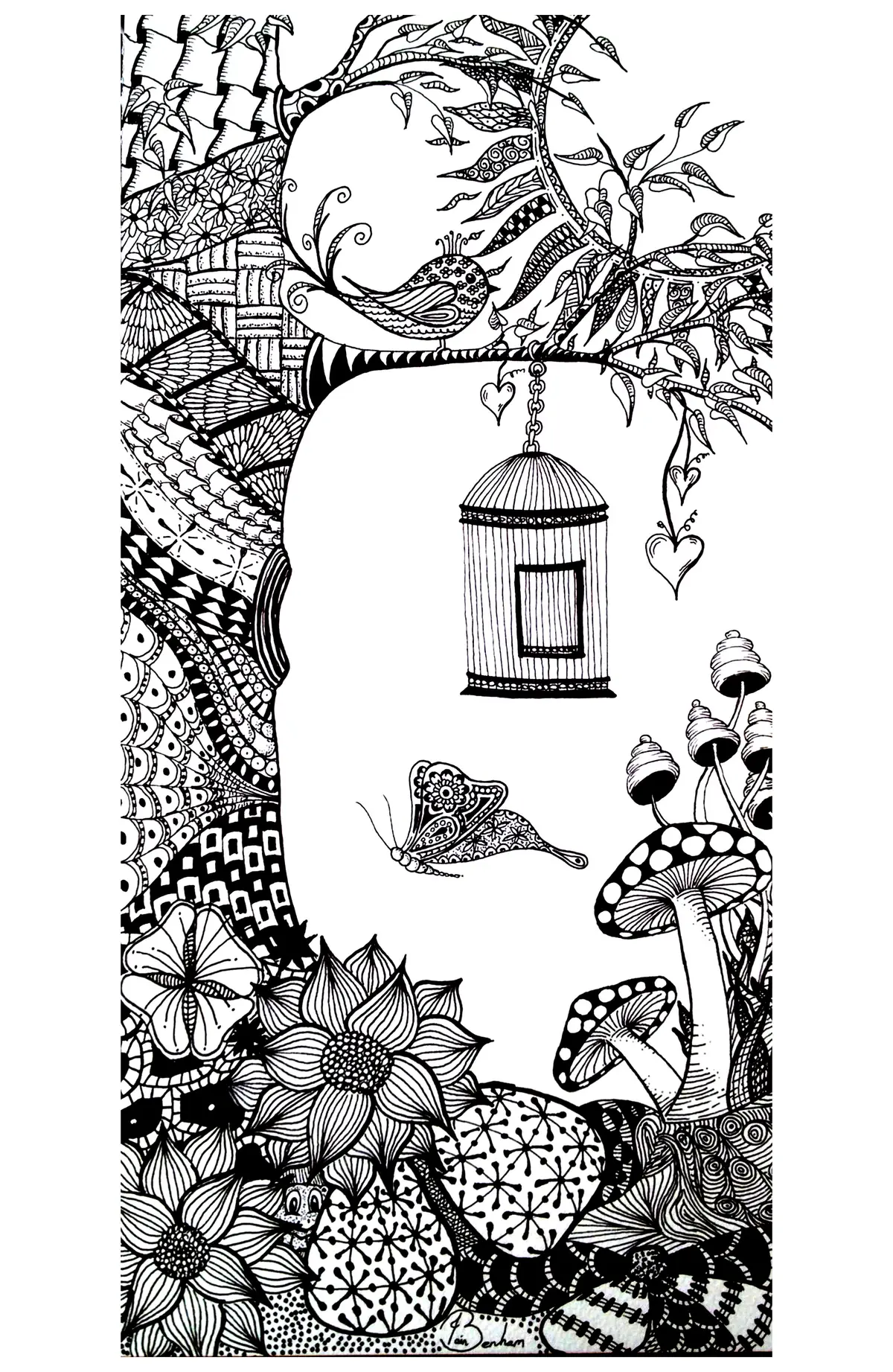 Adult Butterfly and Bird in Lush Vegetation coloring page to print