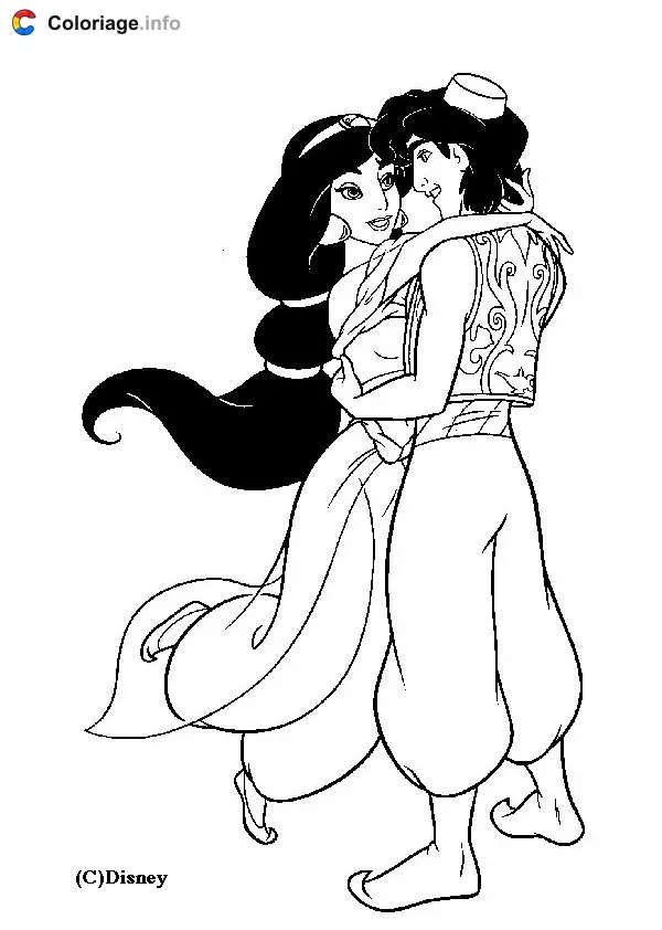 Aladdin and Jasmine in the Palace coloring page to print