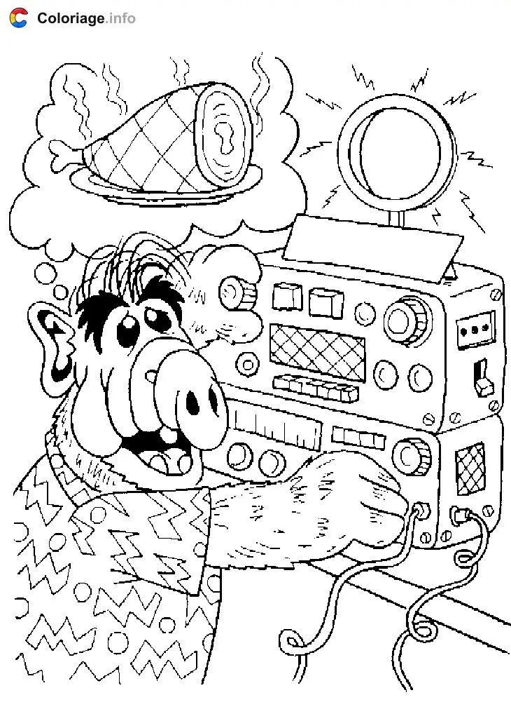 Coloriage Alf écoute la radio - Alf à imprimer