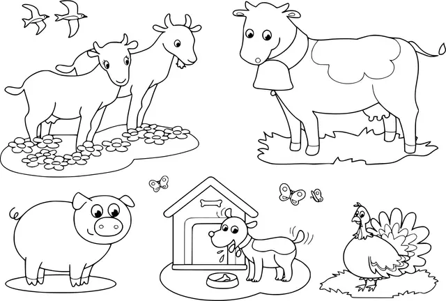 Farm Animals for Kids – Goat, Cow, Pig, Turkey, Dog, and More coloring page to print