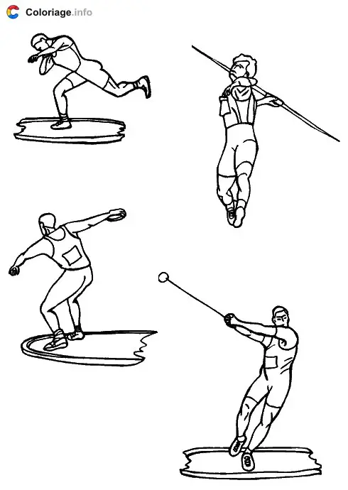 Coloriage Athlétisme : les lancés, disque, javelot, poids, marteau - Jeux Olympiques à imprimer