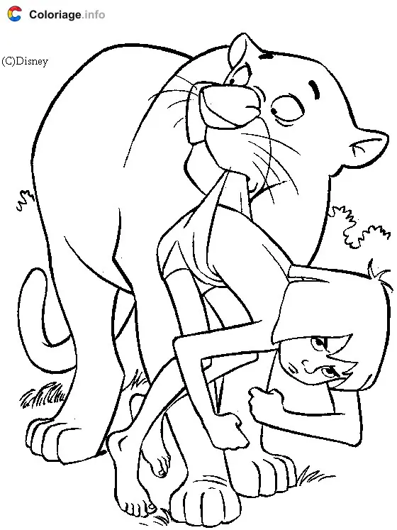 Coloriage Bagheera porte Mowgli par sa culotte - Le Livre de la jungle à imprimer