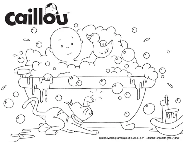 Coloriage Bain Moussant Avec Caillou Et Ses Jouets - Caillou à imprimer