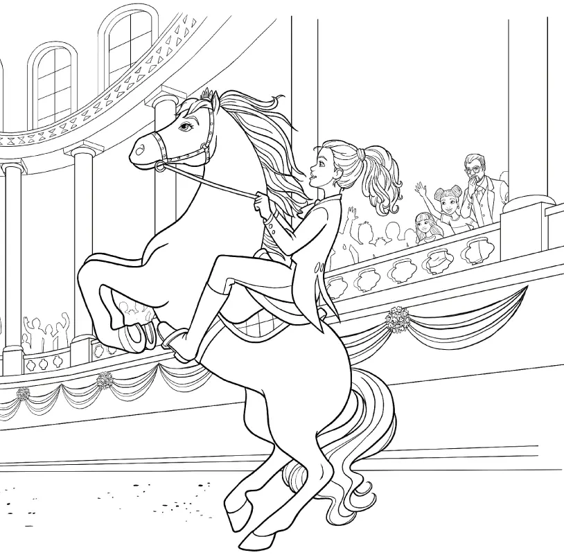 Barbie Princess Galloping on Her Horse at an Equestrian Competition coloring page to print