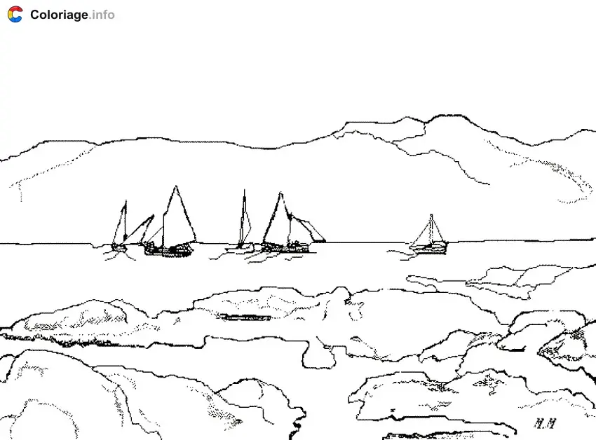 Coloriage Bateau en bord de mer - Monuments à imprimer