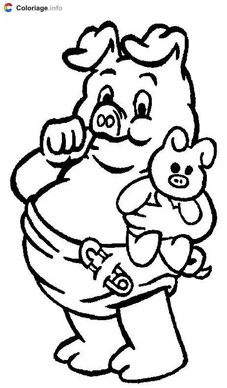 Coloriage Bébé cochon avec peluche - Cochons à imprimer