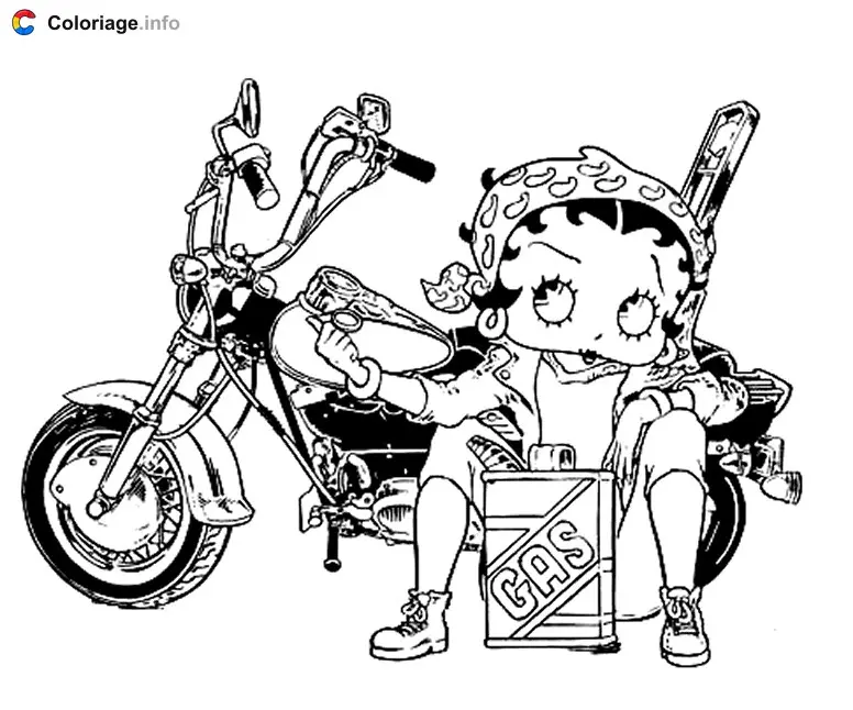Coloriage Betty Boop a besoin d'essence pour sa moto - Betty Boop à imprimer