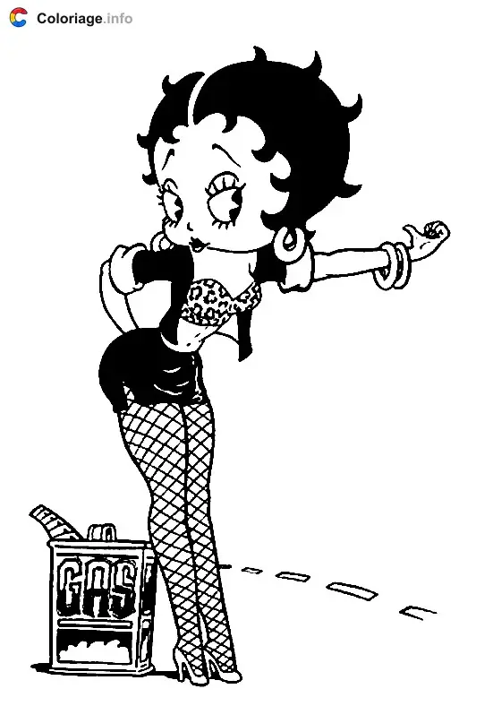 Coloriage Betty Boop fait du stop pour aller chercher de l'essence - Betty Boop à imprimer