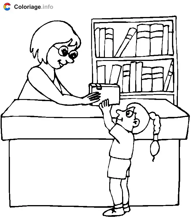 Ausmalbild Bibliothekarin mit Buch zum Ausdrucken