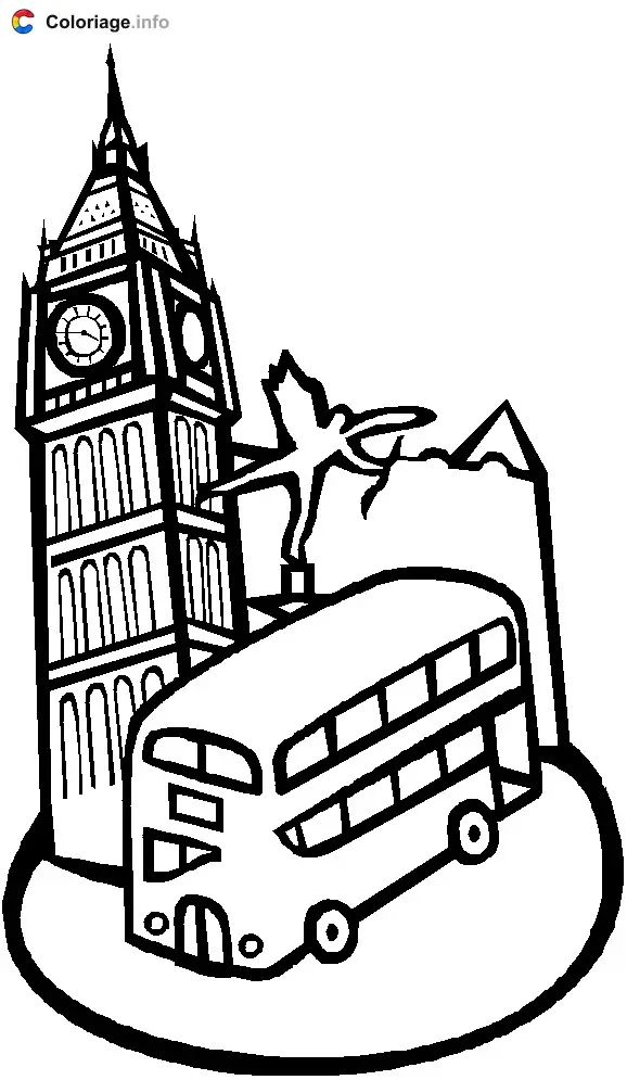 Coloriage Big Ben et un bus à 2 étages - Angleterre à imprimer