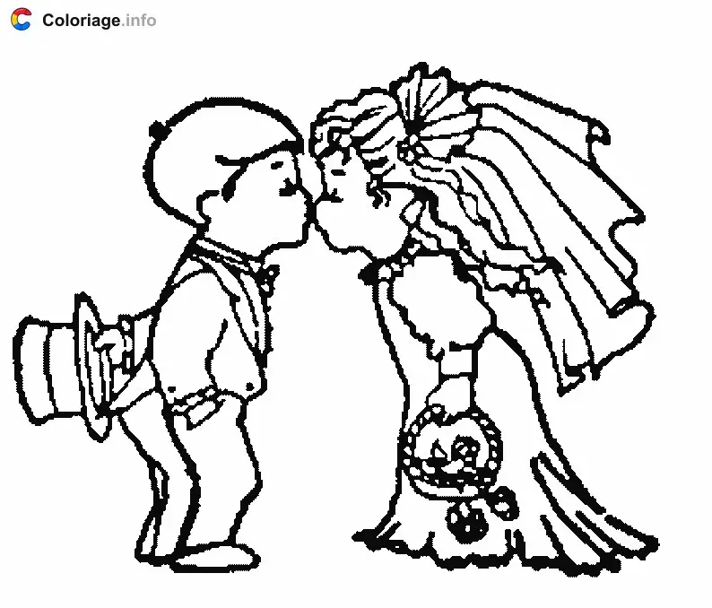 Coloriage Bisou des mariés - Mariage à imprimer