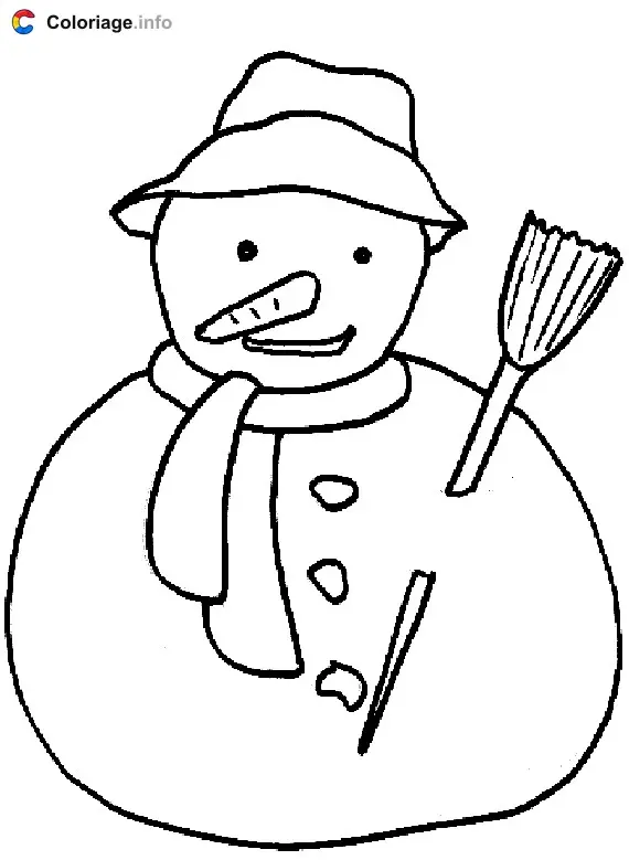 Bonhomme de neige classique avec une carotte et son balais coloring page to print