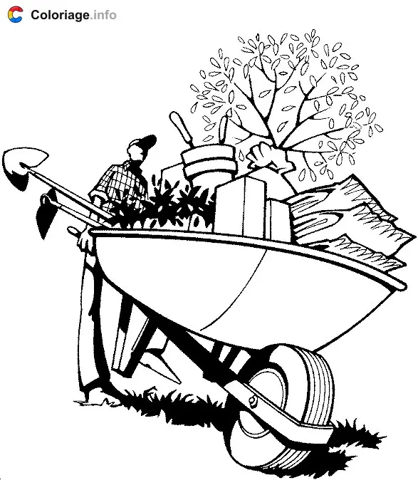 Coloriage Brouette avec des matériaux pour jardiner - Jardin à imprimer