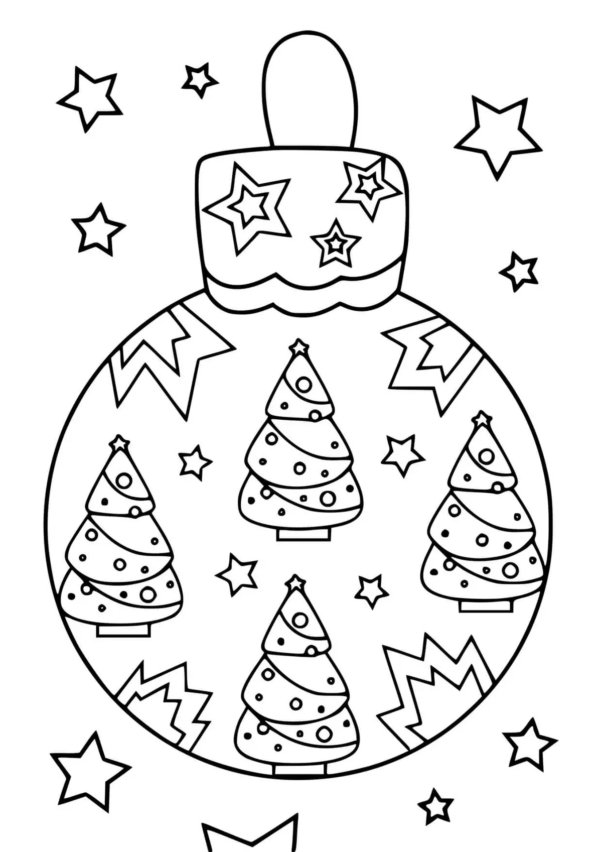 Ausmalbild Weihnachtskugel mit Tannen und Sternen zum Ausdrucken
