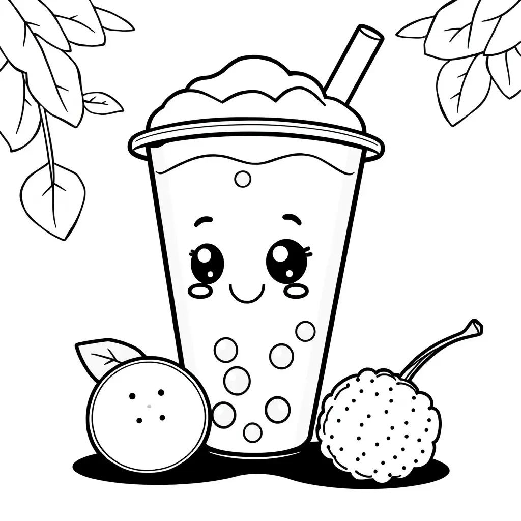 Coloriage Bubble Tea Honeydew Lychee Nourriture - Kawaii nourriture à imprimer