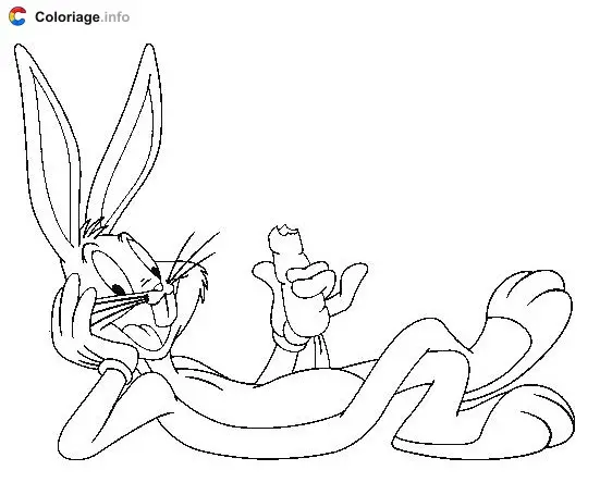 Coloriage Bugs Bunny allongé mange une carotte - Bugs Bunny à imprimer