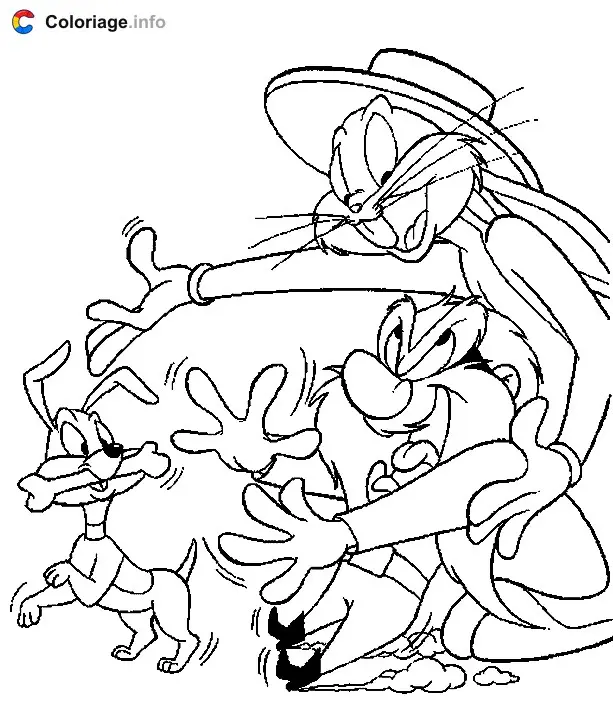 Coloriage Bugs Bunny avec Sam et un chiot - Bugs Bunny à imprimer
