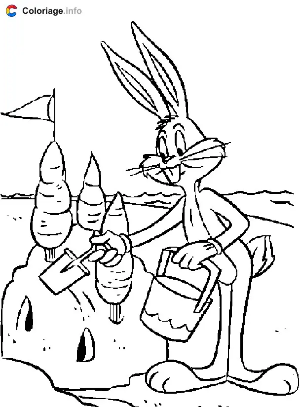Coloriage Bugs Bunny construit un château de sable - Bugs Bunny à imprimer