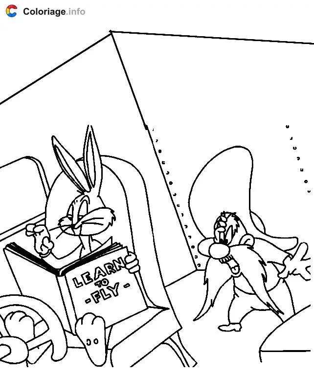 Coloriage Bugs Bunny lit un livre pour apprendre à voler - Sam le Pirate à imprimer