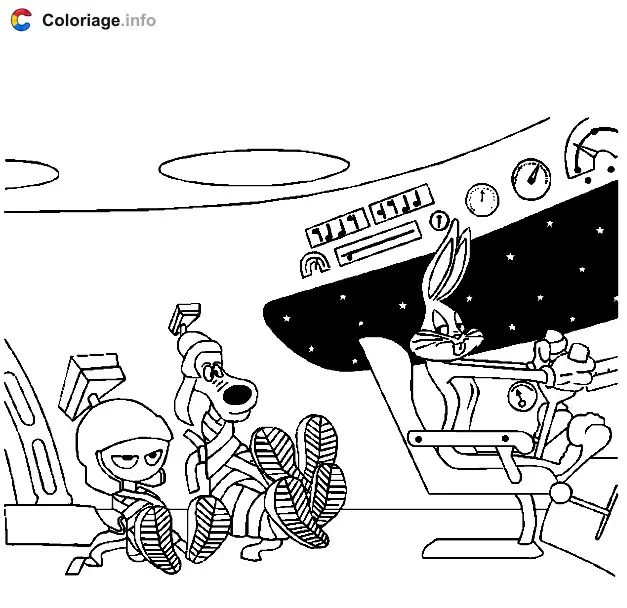 Coloriage Bugs Bunny Marvin et le chien dans la soucoupe - Marvin le Martien à imprimer
