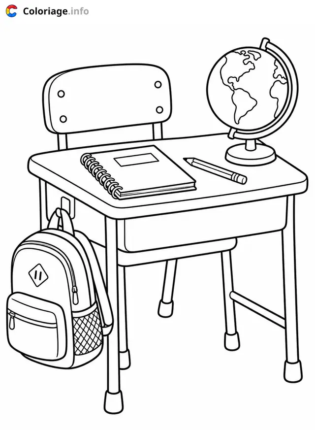 Coloriage Bureau d'école avec globe terrestre - Carte du monde à imprimer