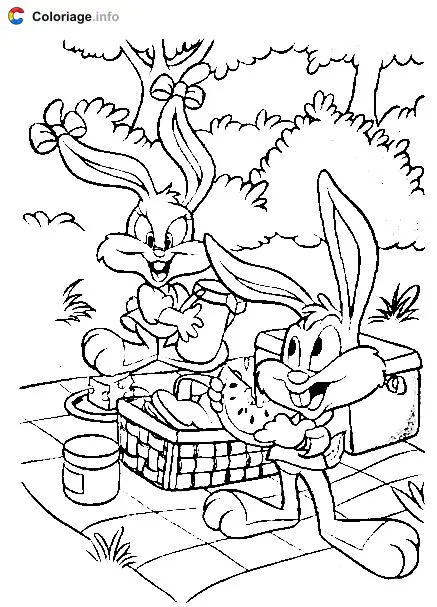 Coloriage Buster et Babs Bunny en pique-nique - Tiny Toons à imprimer