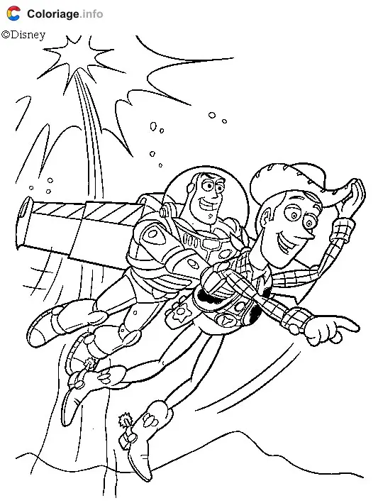 Buzz Lightyear Flying with Woody coloring page to print