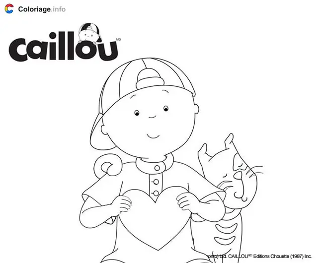 Coloriage Caillou et le chat Gilbert avec un cœur pour la Saint-Valentin - Caillou à imprimer