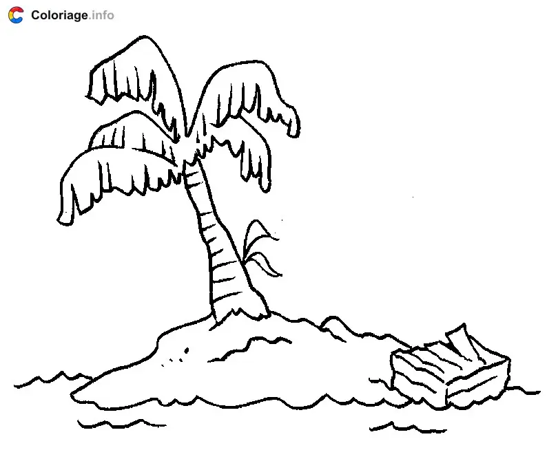 Coloriage Caisse en bois échouée sur une île déserte - Île déserte à imprimer