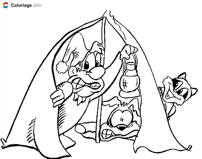 Coloriage Campeur effrayé par une bête sauvage - Camping à imprimer