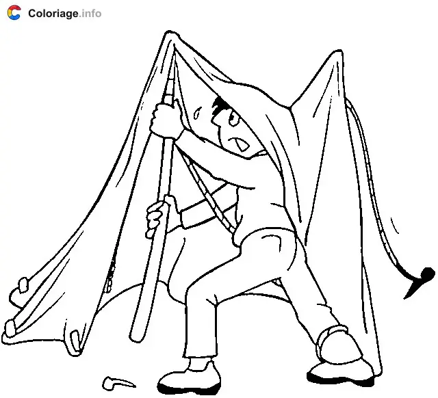 Coloriage Campeur qui monte sa tente - Camping à imprimer
