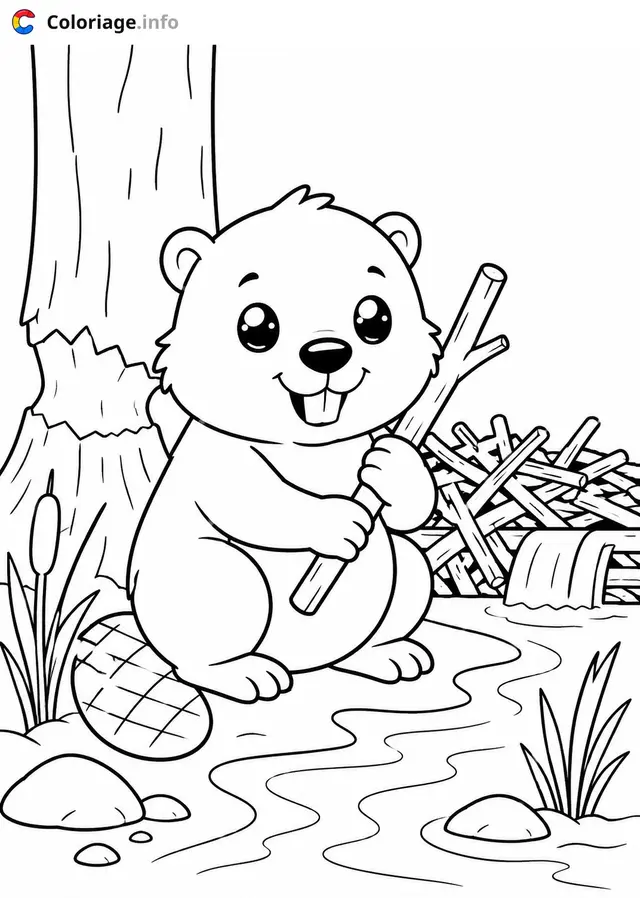 Coloriage Castor heureux près de l'eau - Castor à imprimer