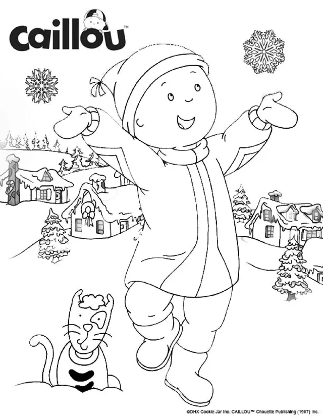 Coloriage C'est Bientot Noël Avec Le Chat Gilbert Et Caillou Qui Adorent Les Flocons De Neiges - Caillou à imprimer