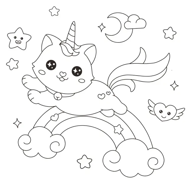 Coloriage Chat Licorne Arc En Ciel Kawaii - Chat licorne à imprimer