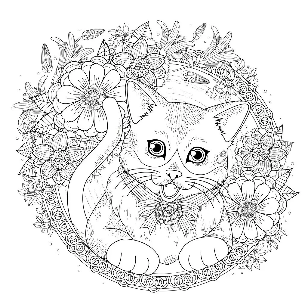 Coloriage Chat Mandala Avec Fleurs Et Roses - Chat à imprimer