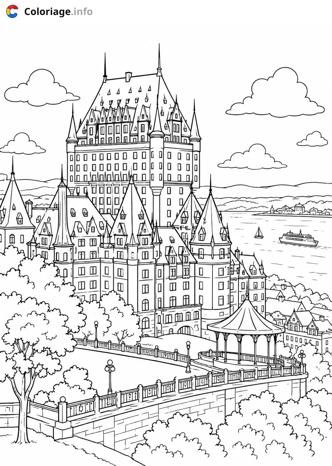 Coloriage Château Frontenac grand hôtel de style château qui domine le fleuve Saint-Laurent - Monuments à imprimer