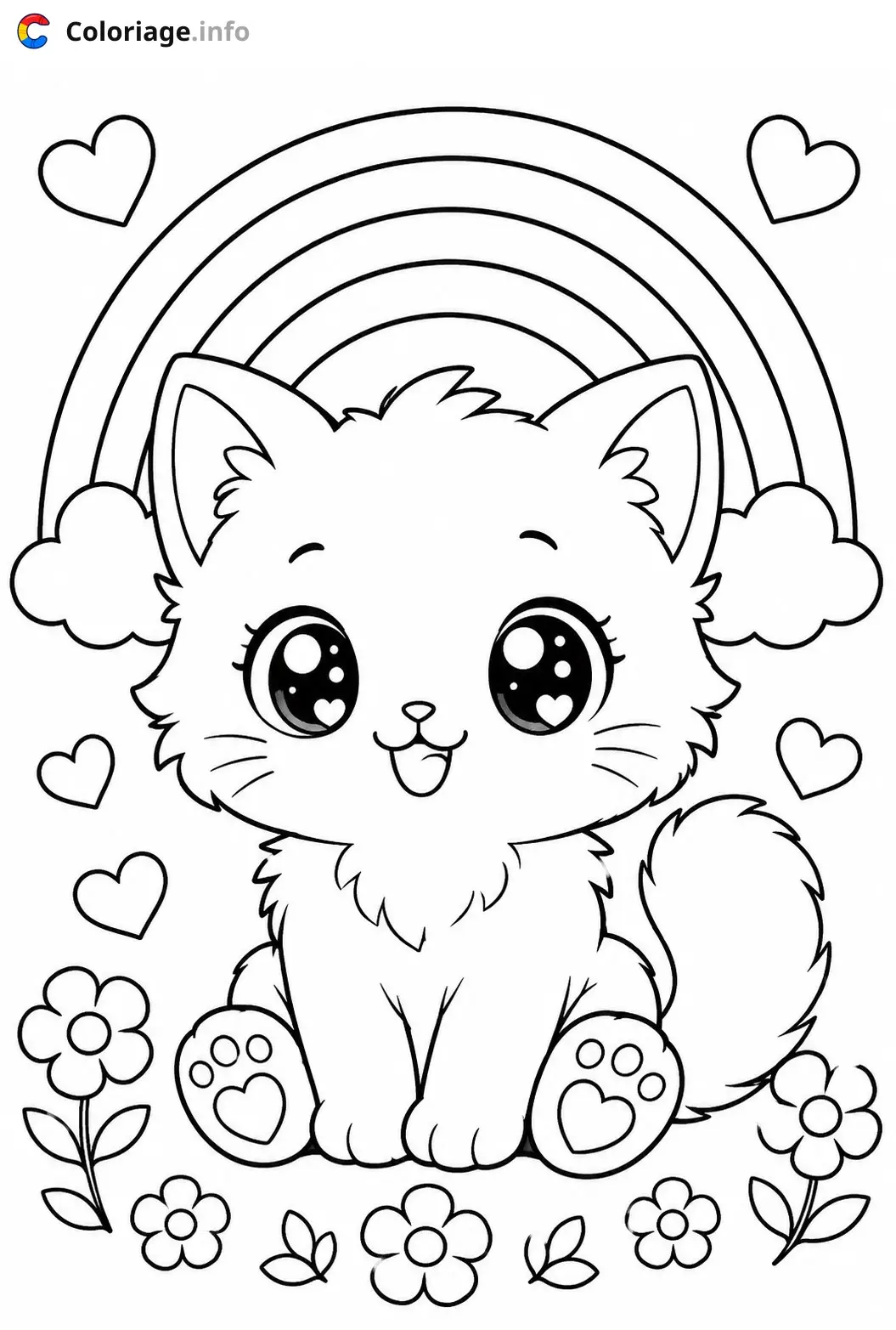 Coloriage Chaton Kawaii arc-en-ciel et fleurs - Chaton kawaii à imprimer