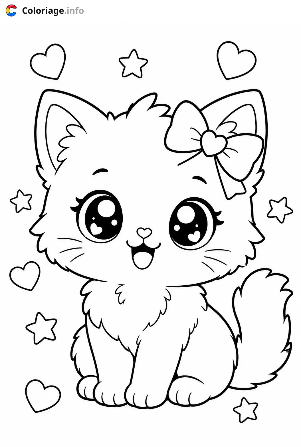 Coloriage Chaton Kawaii avec arc rose - Chaton kawaii à imprimer