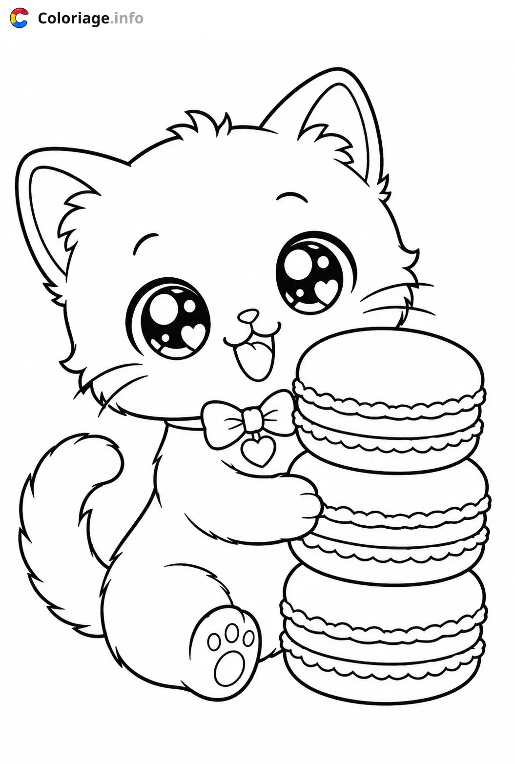 Coloriage Chaton Kawaii avec des macarons - Chaton kawaii à imprimer