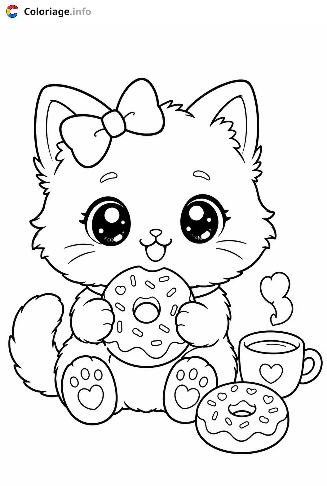 Coloriage Chaton Kawaii avec donuts et café - Chaton kawaii à imprimer