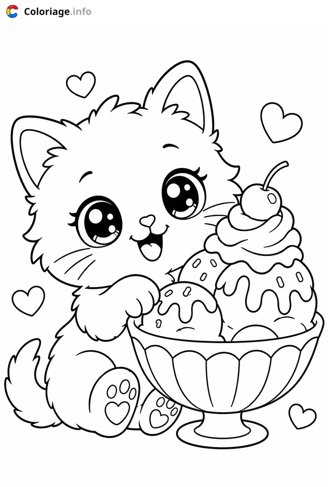 Coloriage Chaton Kawaii avec glaces - Chaton kawaii à imprimer