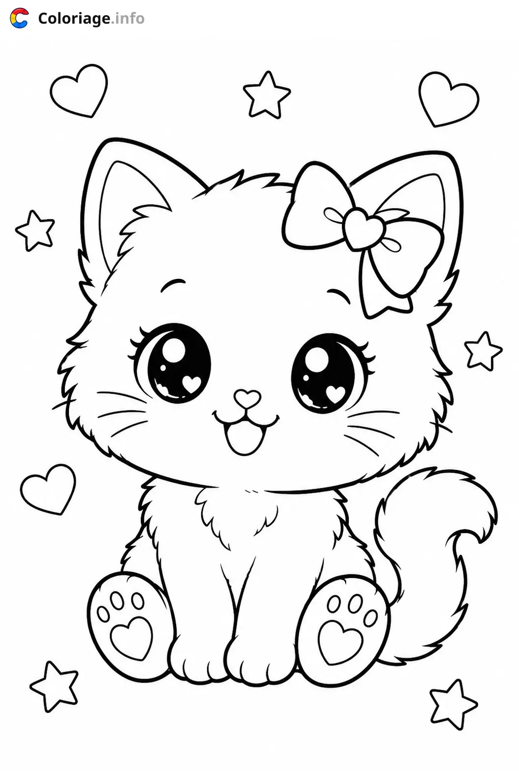 Coloriage Chaton Kawaii avec nœud rose - Chaton kawaii à imprimer