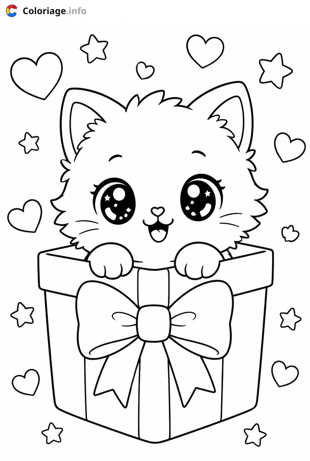Coloriage Chaton Kawaii dans un cadeau avec des coeurs - Chaton kawaii à imprimer
